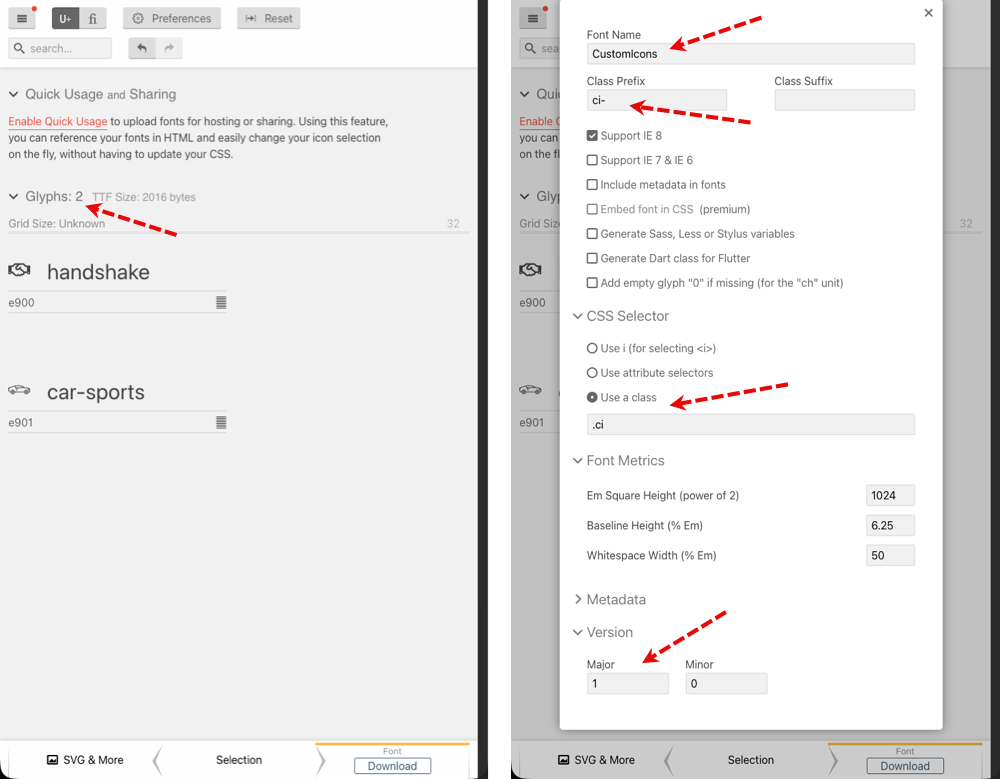 Icomoon.io tips/settings